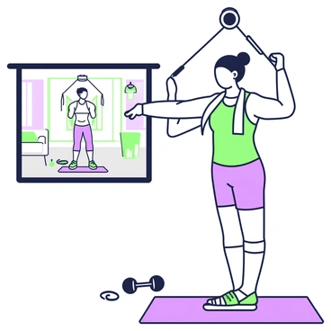 A person is standing on a yoga mat, following a virtual fitness class displayed on a screen in front of them. The individual is dressed in a fitted workout shirt and exercise shorts, with a towel draped around their neck. They are in a cable crunch position, gripping a cable attached to a pulley above. The screen shows an instructor demonstrating the exercise, encouraging viewers to follow along. In the background, there is a set of weights and a water bottle on the floor. The room is well-lit, emphasizing the focused atmosphere of the workout.