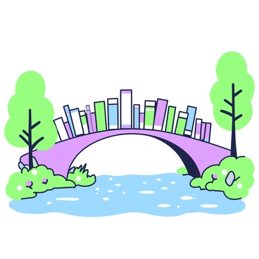 A bridge is constructed from neatly stacked books, extending across a river. The books vary in size and color, with visible titles and spines facing outward. Below the bridge, the river is sparkling with reflections of light, creating a dynamic surface. The banks of the river are lined with green patches of grass and small purple flowers. On either side of the river, there are trees with lush, green foliage, providing a natural frame to the scene.