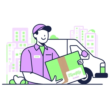 A courier is standing beside a delivery van, holding a package that has a prominent "Happy Client" sticker on it. The courier is wearing a uniform consisting of a shirt and cap, with a name badge visible on the chest. The package is wrapped securely with brown tape and features a colorful sticker. In the background, there are tall buildings and a clear sky. The courier's expression conveys a sense of satisfaction as they prepare to deliver the package.