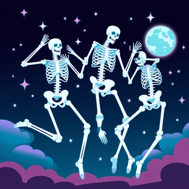 A group of four skeletons, each with distinct skeletal structures, are performing a synchronized dance among the stars in a clear, dark night sky. The skeletons are animated, with one performing a graceful pirouette, another striking a dramatic pose, and the other two engaged in playful interactions. Bright, twinkling stars form a vibrant backdrop, and a few nebulous clouds add texture to the scene. The moon is visible, casting a faint glow that enhances the ethereal atmosphere of this cosmic dance. Each skeleton's joints and pelvis are articulated, emphasizing their movement as they leap and twirl joyfully through the cosmos.