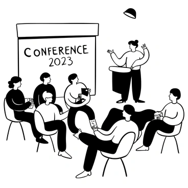 A group of individuals sitting in rows, facing a podium where a speaker stands. The speaker gestures with one hand while holding notes in the other. The audience consists of men and women of various ages, all focused on the speaker. Some individuals are taking notes on notepads, while others have laptops open in front of them. There are chairs arranged in a semi-circle around the podium, and a large banner with the words "Conference 2023" hangs in the background. A spotlight illuminates the speaker, while the rest of the room is softly lit.