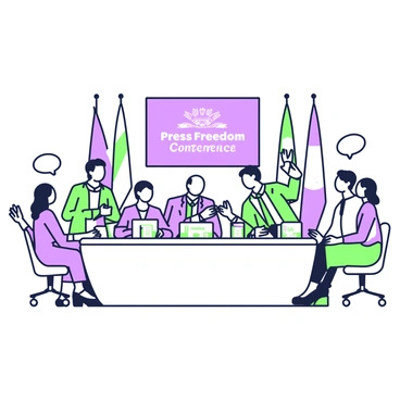 A large conference room filled with delegates from various nations, all engaged in discussions about press freedom. In the foreground, a round table is surrounded by delegates of diverse ethnic backgrounds, each wearing business attire. Several delegates are speaking, with one man gesturing emphatically, while a woman takes notes on her laptop. Various flags representing different countries are displayed on the table, along with nameplates in front of each delegate. Behind them, a large screen shows the words "Press Freedom Conference" in bold letters, and there are microphones set up for speakers. The atmosphere is one of collaboration and earnest dialogue.