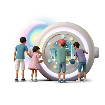 A group of four children, two boys and two girls, are gathered around a shiny, futuristic time machine that is illuminated with colorful lights. The machine has a large circular door that is open, revealing a control panel filled with buttons and screens. One boy, wearing a blue t-shirt and cargo shorts, is excitedly pointing at a screen that shows images of ancient Egypt with pyramids. The other boy, wearing a red baseball cap and a green t-shirt, is pressing buttons on the control panel. One girl, wearing a pink dress with stars, is peeking out of the time machine with wide eyes, while the other girl, in a purple shirt and denim shorts, is holding a small globe, looking thoughtful. Behind them, a swirling vortex of colors represents the time portal, hinting at their exciting journey ahead.