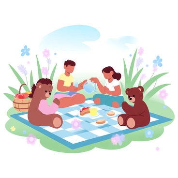 A group of children is sitting on a checkered picnic blanket spread across a sunny meadow filled with wildflowers. The children are surrounded by their teddy bears, each bear positioned in front of them as if joining the picnic. One child is pouring lemonade from a pitcher into colorful cups, while another is laying out sandwiches on a plate. A basket filled with fruits is nearby, and a few butterflies are fluttering around. In the background, tall grass sways gently in the breeze under a bright blue sky.