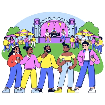 A group of friends is gathered together, smiling and laughing. They are standing in front of a large outdoor stage where a band is playing live music. The stage is adorned with colorful lights and speakers. Around them, there are many people dancing and enjoying the atmosphere. In the background, there are food stands with vibrant banners and decorations. The friends are wearing casual summer clothing, with some holding drinks and snacks. The setting is lively, with green grass and trees surrounding the festival area.