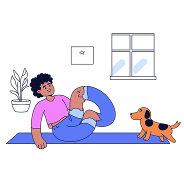 A person performing pelvic tilts on a yoga mat at home. The person is dressed in comfortable workout attire, with a focused expression on their face. Nearby, a curious pet, a small dog with brown spots, is sitting attentively on the floor, watching the person’s movements. The room has simple furnishings, including a potted plant in the background and a window letting in natural light.