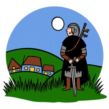 A witcher standing guard at night, watching over a peaceful village from a hilltop