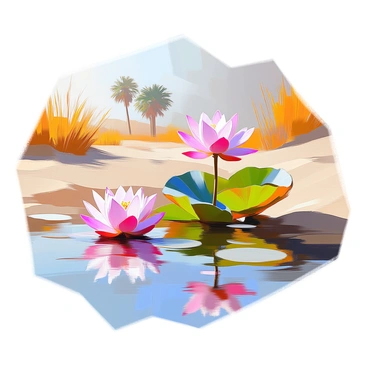 A serene scene depicting delicate lotus flowers blooming in vibrant shades of pink and white along the shallow edges of the Nile River. The flowers are gracefully emerging from the water, their petals unfolding amidst lush green leaves. The riverbanks are lined with soft sandy shores, and the gentle ripples of the Nile reflect the colors of the flowers. In the background, hints of tall grasses and distant palm trees can be seen framing this tranquil setting.