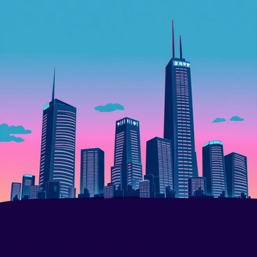 A detailed silhouette of a city's skyline at dusk, showcasing a variety of skyscrapers and buildings with varying heights and architectural styles. The sky transitions from deep blue to vibrant orange and purple hues as the sun sets on the horizon. The windows of the buildings are illuminated with glowing lights, creating a contrast against the darkening silhouette. Small clouds are scattered across the sky, reflecting the warm colors of the sunset, while the outlines of antennas and rooftops add intricate detail to the skyline.