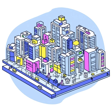 A bustling cityscape filled with a variety of interconnected buildings in different shapes and sizes. The buildings showcase a modern design, featuring glass facades and vibrant colors. Above the structures, multiple layers of cables and conduits are visibly connecting them, representing a microgrid system. The streets below are filled with small vehicles and pedestrians, creating a sense of activity. Overhead, a clear blue sky enhances the lively atmosphere of the city.