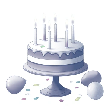 A round birthday cake placed on a decorative cake stand. The cake is layered with smooth icing, and it features intricate designs on the surface. There are several lit candles evenly spaced on top of the cake, with wax drips forming around the bases. Surrounding the cake are various festive decorations, such as colorful balloons and confetti scattered on the table. A cheerful atmosphere is created by the arrangement of these elements, highlighting the celebratory nature of a birthday.