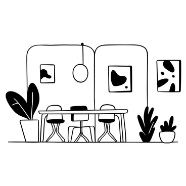 A dining room with a rectangular table made of light wood, surrounded by minimalist chairs with clean lines. There are abstract art pieces framed and hanging on the white walls, showcasing geometric shapes and monochromatic patterns. A large pendant light hangs above the table, casting a soft glow. A potted plant stands in one corner, adding a touch of natural texture to the space. The floor is polished and reflects the furniture and artwork.