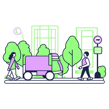 An autonomous delivery robot is moving along a city sidewalk. The robot has a sleek, rectangular shape and features a green-and-purple outline. It is equipped with sensors and small wheels for smooth movement. The sidewalk is lined with various trees and benches, while pedestrians walk by, some looking at the robot curiously. In the background, there are tall buildings with large windows, and the sky is clear. A street sign indicating the direction of the nearest park is visible nearby.