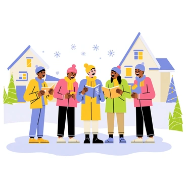 A group of people singing Christmas carols on a snow-covered street