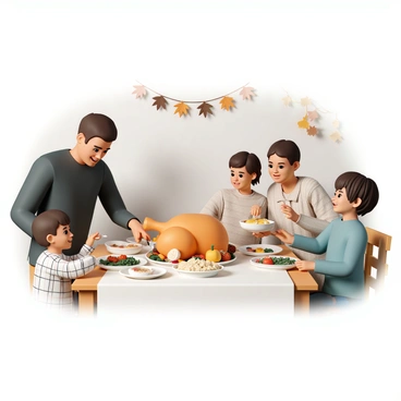 A family of four is gathered around a wooden dining table set for a traditional Thanksgiving dinner. The table is adorned with a white tablecloth and a centerpiece made of autumn leaves and small pumpkins. On the table, there is a large golden-brown turkey in the center, surrounded by dishes of mashed potatoes, green bean casserole, cranberry sauce, and stuffing. A father, wearing a dark sweater, is carving the turkey, while a mother, dressed in a festive patterned blouse, is smiling as she passes a bowl of gravy. Two children, a boy in a plaid shirt and a girl in a cozy sweater, are eagerly reaching for their plates, looking excited. The room is warmly lit, with festive decorations, including a garland of leaves hanging from the walls.