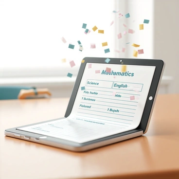 A tablet screen displaying a digital report card filled with academic grades. The report card includes subjects like "Mathematics," "Science," and "English," each accompanied by respective letter grades and comments. Colorful animated confetti is cascading down the screen, creating a festive atmosphere. The tablet is placed on a wooden table with a soft light reflecting off its surface. The background is blurred, emphasizing the tablet and the report card.