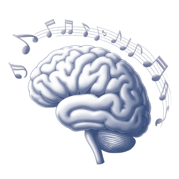 A detailed illustration depicting the limbic system of the human brain. Within the illustration, musical notes are shown swirling around the brain structure, creating a visual connection. The notes vary in size and shape, emphasizing the dynamic relationship between music and emotions. The overall composition highlights the limbic system, with clear anatomical features such as the hippocampus and amygdala, while the musical notes create an engaging visual flow around these elements.