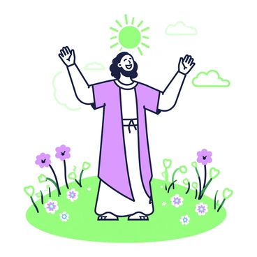 A figure of Lazarus is standing in a sunlit field, with his hands raised high in gratitude. He is wearing a simple robe that drapes around him. His face reflects a sense of joy and relief. Surrounding him are various wildflowers scattered across the green grass, swaying gently in a light breeze. In the background, the sun casts dappled light through gentle clouds, illuminating the scene with soft rays. The sky above is clear and bright, enhancing the overall feeling of peace in the image.