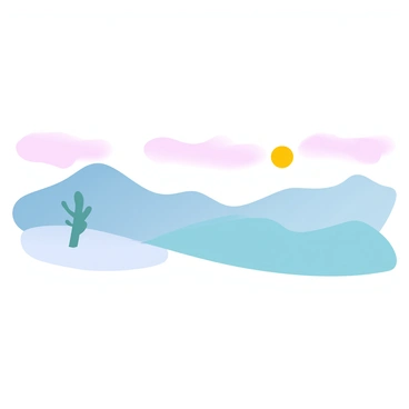 A wide landscape stretches across the canvas. There are gently rolling hills in the background, drawn with simple, clean lines. In the foreground, a solitary tree stands with a smooth trunk and a few stylized branches. The sky above is a gradient of pastel colors, transitioning from soft pink at the horizon to light blue higher up. A bright yellow sun is positioned near the horizon, casting a warm glow across the landscape. The overall composition emphasizes simplicity with bold, flat areas of color.