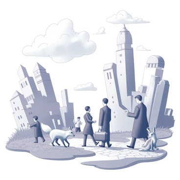 A surreal dreamscape featuring a blend of animals and humans interacting in unique ways. The scene depicts various animals, such as a fox and a rabbit, walking alongside people, who are dressed in formal attire. The environment exhibits distorted architecture with towering, irregular buildings and oversized structures. The sky is filled with unusual clouds, swirling in intricate patterns above the scene. People are engaging in conversations with the animals, showcasing a harmonious coexistence in this strange world. The ground is uneven, with patches of grass interspersed with cobblestones, creating a whimsical atmosphere.