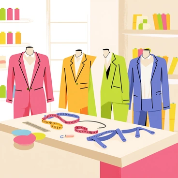 A tailor's shop featuring several mannequins of various shapes and sizes. Each mannequin is dressed in perfectly fitted outfits, showcasing a range of styles and colors. The shop is filled with spools of colorful thread and neatly organized tools arranged on a wooden table. Measuring tapes are draped across the table, and a soft light illuminates the room, highlighting the details of the fabrics used for each outfit. In the background, shelves are lined with neatly folded material, adding to the vibrant atmosphere of the shop.