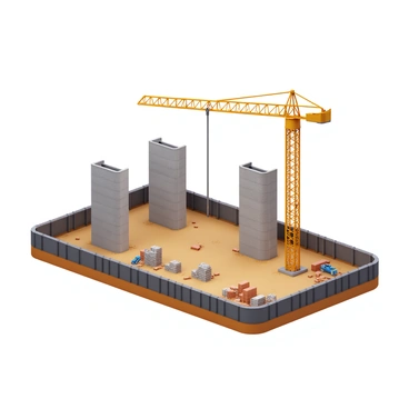 A halted construction site with a large crane standing still. There are several unfinished concrete structures with exposed rebar. Piles of construction materials, such as bricks and steel beams, are scattered around the site. A safety fence encloses the area, and the ground is dusty with construction debris. The sky is overcast, creating a muted lighting effect over the scene.