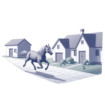 A horse galloping away from a small village. The horse is in mid-stride, with its mane flowing in the wind. The village features cobblestone streets, lined with charming houses. Each house has a distinct architectural style, with pitched roofs and wooden doors. There are small gardens visible, filled with simple plants. The scene captures a sense of motion as the horse distances itself from the village.
