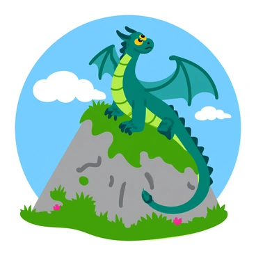 A colorful dragon with shimmering scales in shades of emerald green and sapphire blue is perched on top of a rugged mountain. The dragon has large, outstretched wings and bright yellow eyes that gleam in the sunlight. The mountain is rocky and steep, with patches of grass and tufts of wildflowers clinging to its slopes. In the background, fluffy white clouds drift across a bright blue sky, adding contrast to the vibrant colors of the dragon and the mountain. The scene captures the majestic presence of the dragon as it surveys the landscape below.