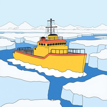 An icebreaker ship with a sturdy hull painted in bright yellow is cutting through thick, jagged ice sheets in the Arctic. The ship has a large, powerful bow designed for breaking ice, and its deck is equipped with various antennas and equipment. The thick ice around the ship is a mix of deep white and milky blue hues, with sharp edges and uneven surfaces. In the background, there are more ice sheets extending into the horizon, with a pale blue sky above. The scene conveys a sense of adventure and exploration in the polar environment.