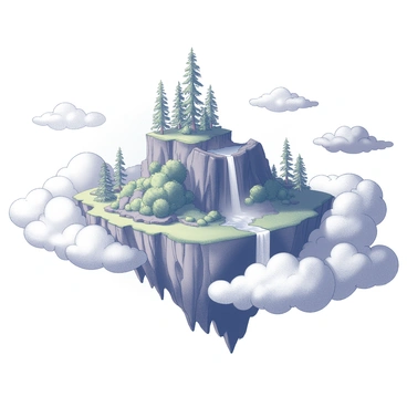 A large, irregularly shaped island floats in the sky, surrounded by thick, billowing clouds. The island is covered with lush vegetation, featuring tall trees and vibrant bushes. At the center of the island, there is a waterfall cascading down the side, creating a mist that blends into the clouds below. The edges of the island are rocky and jagged, giving it an otherworldly appearance. In the distance, other smaller islands can be seen, also hovering above the sea of clouds. The sky is vast, with scattered clouds forming a soft, textured backdrop.