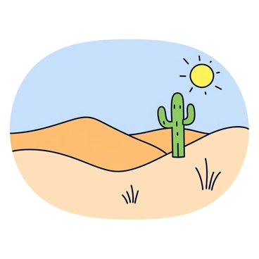 A desert landscape with softly rolling sand dunes. The sand is a warm beige color, gently sculpted by the wind. Above the dunes, the sun is shining brightly in a clear blue sky. In the foreground, there is a lone green cactus, standing tall against the backdrop of the dunes. The cactus has multiple arms and is surrounded by small patches of dry grass.