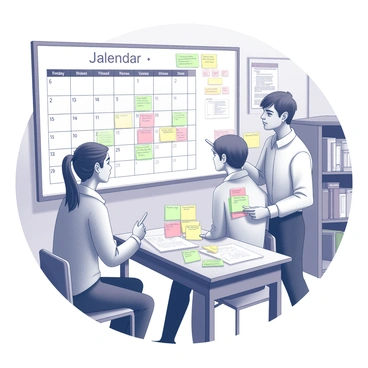 A classroom scene with a teacher and a student engaged in a discussion. The teacher is sitting at a desk, pointing at a large wall calendar filled with dates and notes. The student is standing beside the desk, holding colorful sticky notes in one hand while looking at the calendar. The sticky notes are displayed on the desk and around the calendar, featuring various handwritten goals and reminders. The classroom is filled with educational posters and bookshelves in the background.