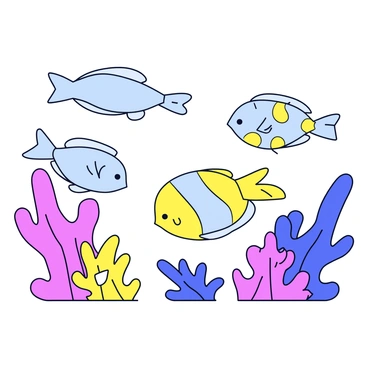 A group of flounders with flat bodies and distinct patterns are swimming quickly among colorful coral formations. The coral is vibrant, featuring shades of pink, blue, and yellow, creating a lively environment. Each flounder is positioned at different angles, showcasing their unique markings as they move gracefully through the water. The scene captures the dynamic interaction between the flounders and their coral habitat.
