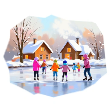 A snowy winter day in Quebec, showcasing a scene where people are ice skating on a frozen pond. In the foreground, a family is enjoying the day, with children in colorful winter jackets laughing as they glide across the ice. Nearby, a group of friends is practicing their skating skills, some attempting to spin while others skate leisurely. The pond is bordered by snow-covered trees, their branches heavy with white snow. In the background, quaint wooden cottages with smoke rising from chimneys are nestled against the hillside, completing the picturesque winter landscape.