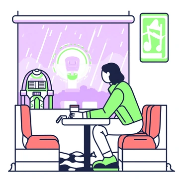 A person is sitting alone in a retro diner, positioned at a small table near the window. The individual has medium-length hair and is wearing a vintage leather jacket. They are staring out of the window, observing the rain pouring down, creating a blurred view of the outside street. The diner features red vinyl seats and a checkerboard floor. A jukebox stands in the corner, and a neon sign is glowing softly in the background, casting a gentle light on the scene. A cup of coffee sits on the table in front of the person, along with an open notebook and a pen.