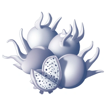A canvas displaying an arrangement of shapes and forms inspired by the dragon fruit. The composition features fluid, swirling patterns that mimic the unique textures of the fruit's skin and flesh. The design includes elements that suggest the spiky exterior and the small black seeds within, creating a dynamic visual flow throughout the piece. The overall effect is an intricate interplay of movement and structure.