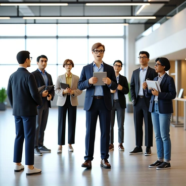 A PR representative with short brown hair and glasses is leading a group of journalists through a modern company facility. The representative is wearing a navy blazer and holding a tablet in one hand while gesturing with the other hand to emphasize points of interest. The journalists, a diverse group of men and women, are equipped with notepads and cameras, listening attentively. The facility features large windows that allow natural light to flood in, and sleek, contemporary design elements such as open spaces and high-tech equipment can be seen in the background.