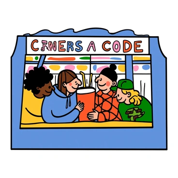 A group of four teenagers with various skin tones is gathered around a large soda in a retro arcade booth. One teenager has curly black hair and is wearing a yellow t-shirt, another has straight brown hair and is wearing a blue hoodie. The third teenager has auburn hair in a beanie and is wearing a red flannel shirt, while the fourth has wavy blonde hair with a green cap and is in a graphic tee. They are laughing, leaning towards each other, and sharing the soda, which has colorful straws sticking out of it. The booth has vibrant, colorful decorations, and classic arcade game machines are visible in the background.