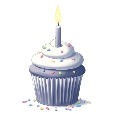 A close-up view of a cupcake with a smooth, frosted top. On the center of the cupcake sits a single birthday candle, which is lit and emits a warm glow. The flame of the candle is bright and flickering, illuminating the surrounding frosting. The cupcake is adorned with colorful sprinkles scattered around the base, adding texture to the image. The background is softly blurred, emphasizing the candle and cupcake as the focal points.