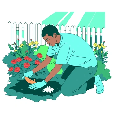 A teal parolee is kneeling in a vibrant garden filled with colorful flowers and lush green plants. The parolee is wearing a light blue shirt and gloves, carefully tending to the soil with a small orange trowel. Nearby, there is a rich array of blooming flowers, including red roses and yellow sunflowers. In the background, a white fence encircles the garden, with sunlight streaming down, highlighting the vibrancy of the scene. The parolee's expression shows focus and contentment as they connect with the earth, symbolizing personal growth and rehabilitation.