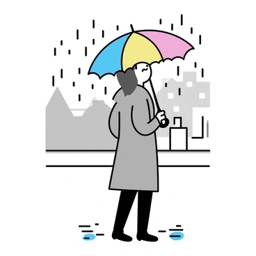 A person standing under a gray sky, holding a brightly colored umbrella decorated with a "Claddagh" pattern. The rain is falling steadily around them, creating small puddles on the cobblestone street. The person is wearing a long coat and rain boots, with droplets of water beading on their umbrella. The background features blurred outlines of trees and buildings, subtly highlighted by the rain-soaked atmosphere.