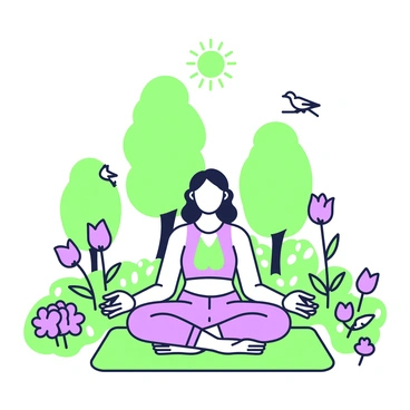A person practicing yoga is positioned on a green mat in a park. They are seated cross-legged with their hands resting on their knees, eyes closed in concentration. Surrounding them are various blooming flowers in vibrant colors, adding to the natural setting. In the background, tall trees provide shade, and the sun is shining brightly, casting soft shadows across the grass. A few birds are perched on nearby branches, creating a sense of tranquility in the scene.