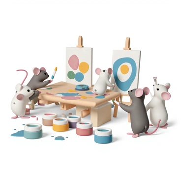 A group of small mice, each holding a paintbrush, are painting on tiny canvases set up on easels. The mice have various colors of fur, some gray, some white, and one with brown spots. The art studio is filled with jars of vibrant paints in shades of red, blue, green, and yellow, scattered across a wooden table. One mouse is dabbing a brush into a bright blue paint while another is focused on a canvas covered in swirls of color. The walls of the studio are adorned with abstract artwork and there are paint splatters on the floor, creating a lively and creative atmosphere.