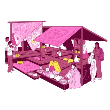 An array of Bandhani fabrics in rich colors is displayed on wooden stalls in a local market. The fabrics are intricately patterned with vibrant designs, showcasing a mix of pink and yellow hues. Each piece is draped elegantly, allowing the light to catch the textures of the fabric. Surrounding the stalls, there are small decorative items and handmade crafts, adding to the lively atmosphere of the market. People can be seen browsing through the selection, engaged in conversation and admiring the unique textiles.