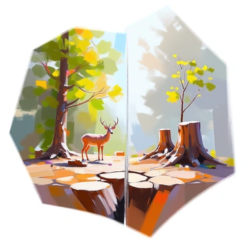 A split scene depicting two contrasting environments. On the left side, a lush forest filled with tall, vibrant green trees, thick undergrowth, and dappled sunlight filtering through the leaves. Animals, such as deer and birds, can be seen among the foliage, adding life to the scene. On the right side, a barren landscape characterized by tree stumps and cracked earth. The stumps are remnants of what used to be a forest, and the ground is dry and parched, with sparse vegetation struggling to survive. The stark division between the two sides emphasizes the contrast between the thriving forest and the desolate land.