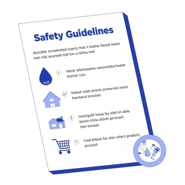 A poster displays a set of safety guidelines to avoid PFAS exposure in everyday life. At the top, there is a bold title stating “Safety Guidelines”. Below the title, a checklist layout presents various recommendations. Each guideline is accompanied by related icons: a water droplet with a line through it, representing avoidance of contaminated water; a home with a crossed-out symbol, indicating filtered water use; and a shopping cart with symbols of household products, suggesting careful product selection. The guidelines are clearly numbered, with concise text beneath each icon, ensuring easy readability. The overall design is structured to convey critical information effectively.