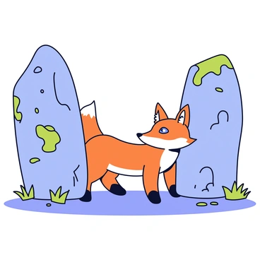 A fox with shimmering fur and glowing blue eyes standing between ancient stones