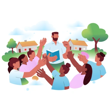 A missionary is standing in a vibrant village, surrounded by several children who are eagerly receiving gospel books. The missionary is wearing a light-colored shirt and has an open book in one hand. The children are dressed in colorful clothing and are smiling, reaching out with both hands to take the books. The background features simple houses with thatched roofs and lush greenery, creating a lively village atmosphere. A few trees are scattered throughout the scene, adding to the sense of community and warmth.