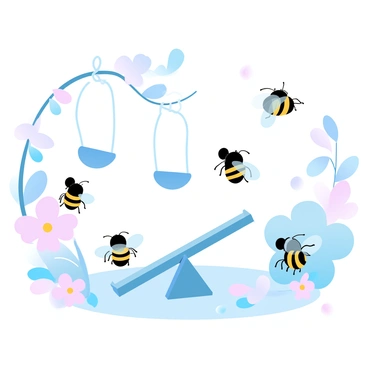 Several carpenter bees are buzzing around a colorful miniature playground designed specifically for bees. The playground features tiny swings made from flower petals suspended from delicate branches, and a small slide fashioned from a leaf. Some bees are playfully hovering near a tiny seesaw, balancing on either end. The scene is filled with vibrant flowers and soft, gradient pastel colors that create a whimsical atmosphere. In the background, a few more bees can be seen exploring the playground, adding to the lively and active environment.