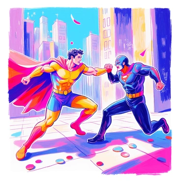 A superhero with a muscular build wearing a bright costume is delivering a powerful punch to a villain. The superhero's cape flows dramatically in the wind, and their expression is focused and determined. The villain, wearing dark colors and a menacing expression, is recoiling from the impact. The scene is filled with movement, as debris flies around them from the force of the punch. In the background, a cityscape shows tall buildings, creating a sense of height and urgency.
